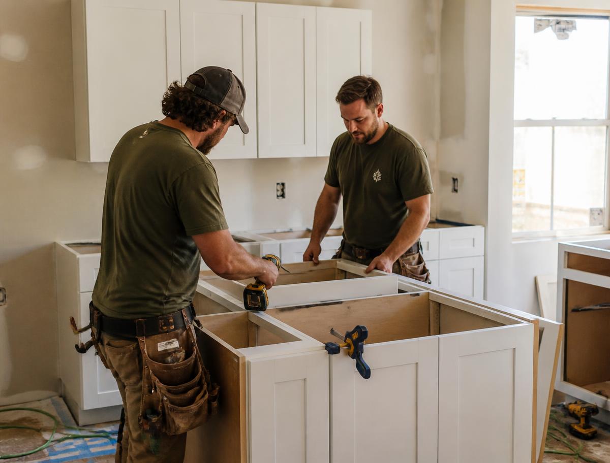 Revived Spaces carpenters installing kitchen cabinetry