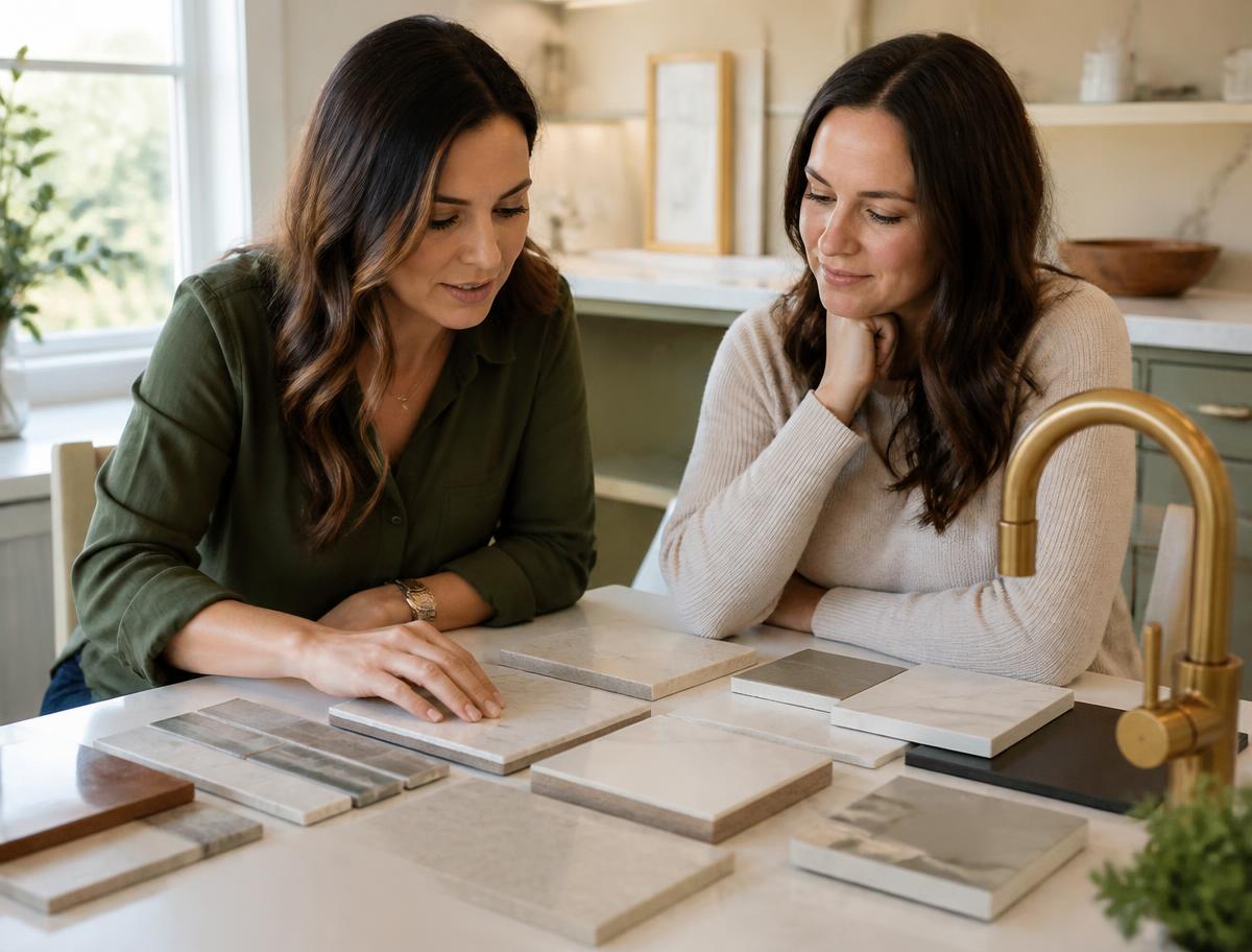 Designer and homeowner reviewing tile and quartz samples at a table