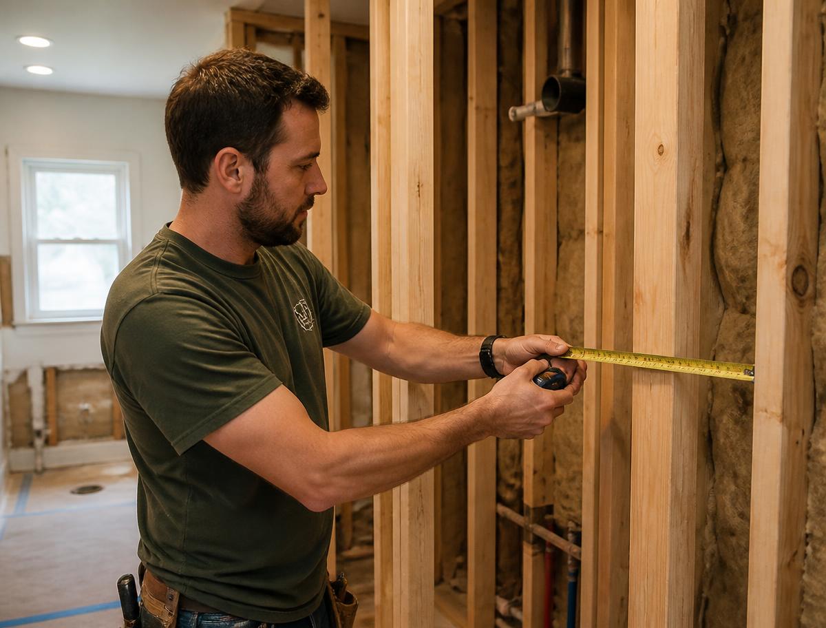 Revived Spaces carpenter measuring framing for a new shower enclosure
