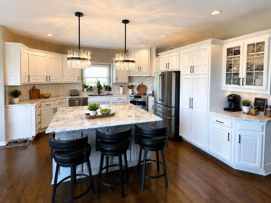 White Cabinet Kitchen with Marble Island