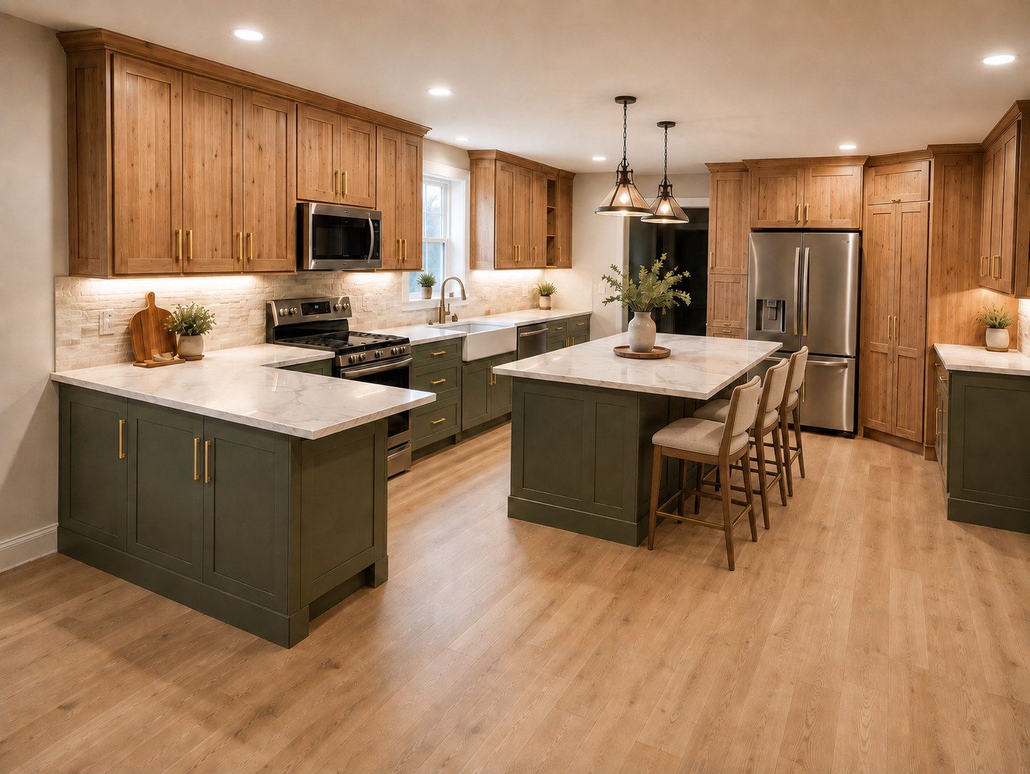 3D design rendering of an olive and natural wood kitchen