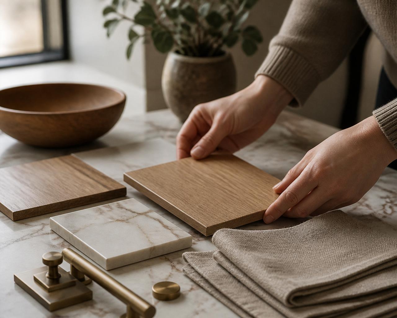 Designer reviewing marble, wood, and brass material samples