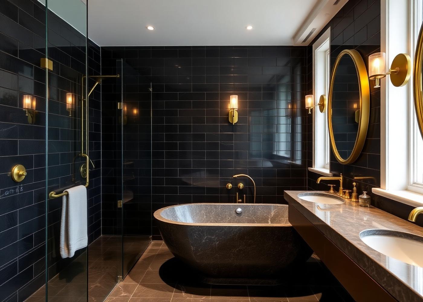 Boutique hotel style luxury bathroom with dark tile and brass fixtures